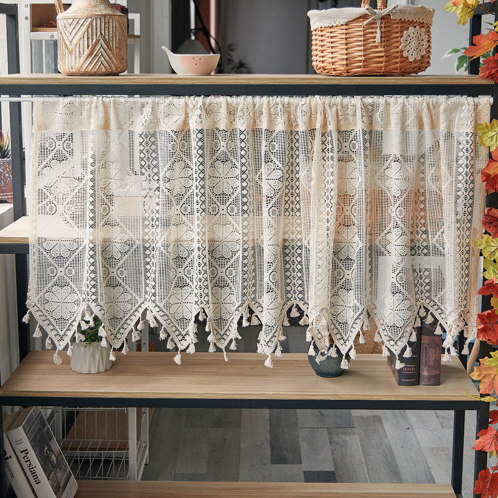 Vintage Bohemian Lace Half Curtain with Tassels – Geometric Floral Sheer Valance