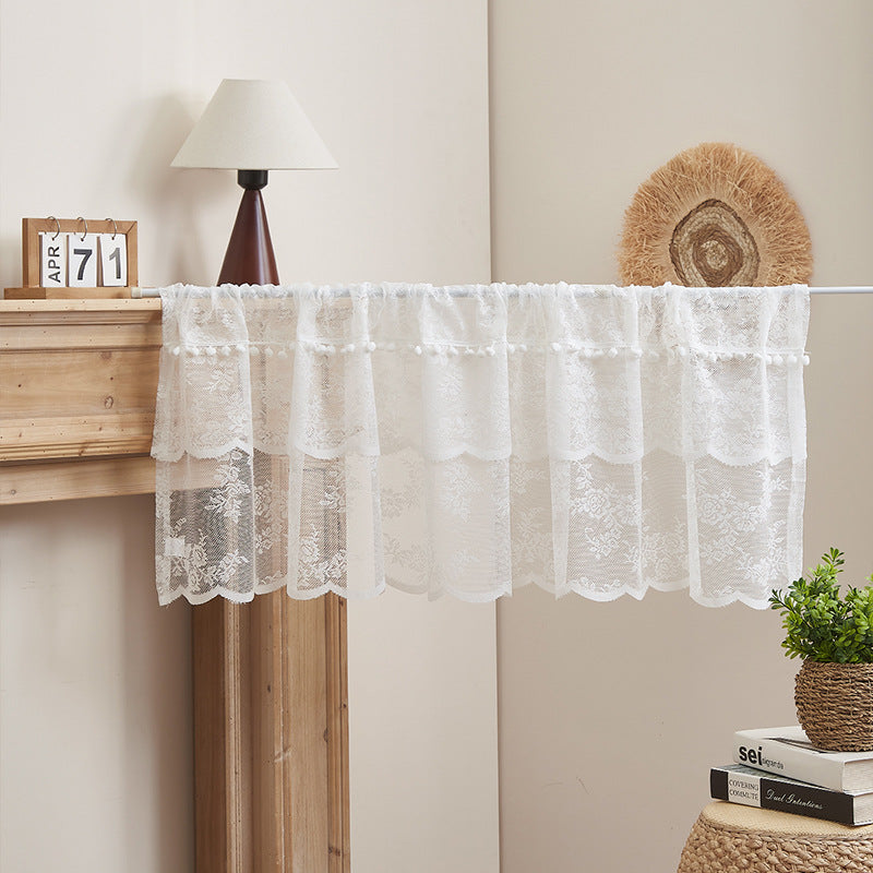 Vintage Lace Café Curtain with Pom Pom Trim – Sheer Short Window Valance