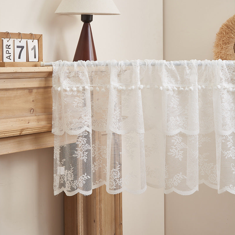 Vintage Lace Café Curtain with Pom Pom Trim – Sheer Short Window Valance