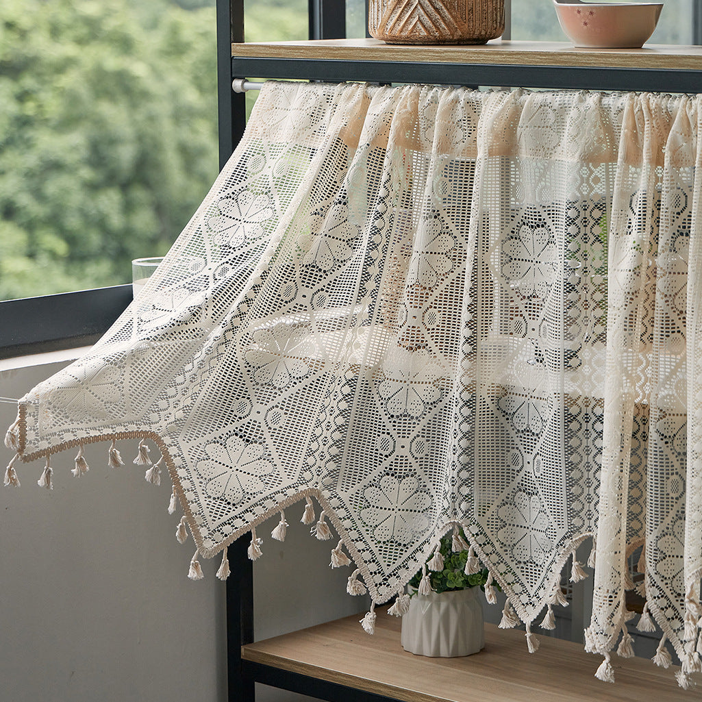 Vintage Bohemian Lace Half Curtain with Tassels – Geometric Floral Sheer Valance