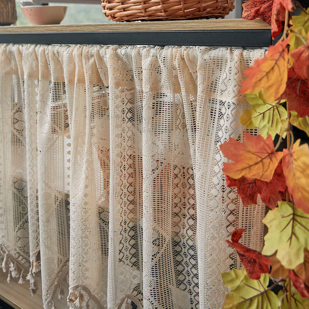 Vintage Bohemian Lace Half Curtain with Tassels – Geometric Floral Sheer Valance