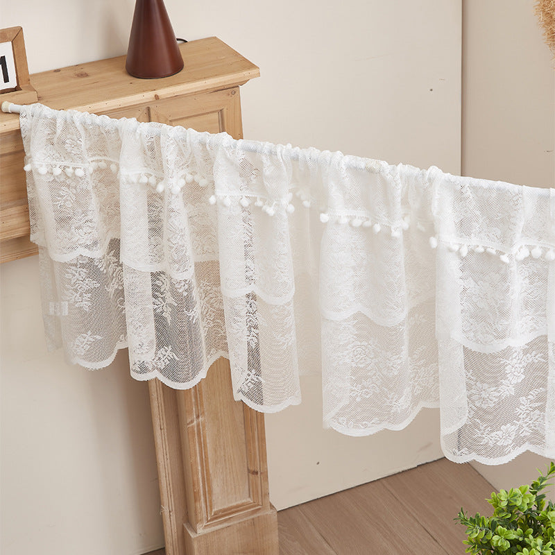 Vintage Lace Café Curtain with Pom Pom Trim – Sheer Short Window Valance