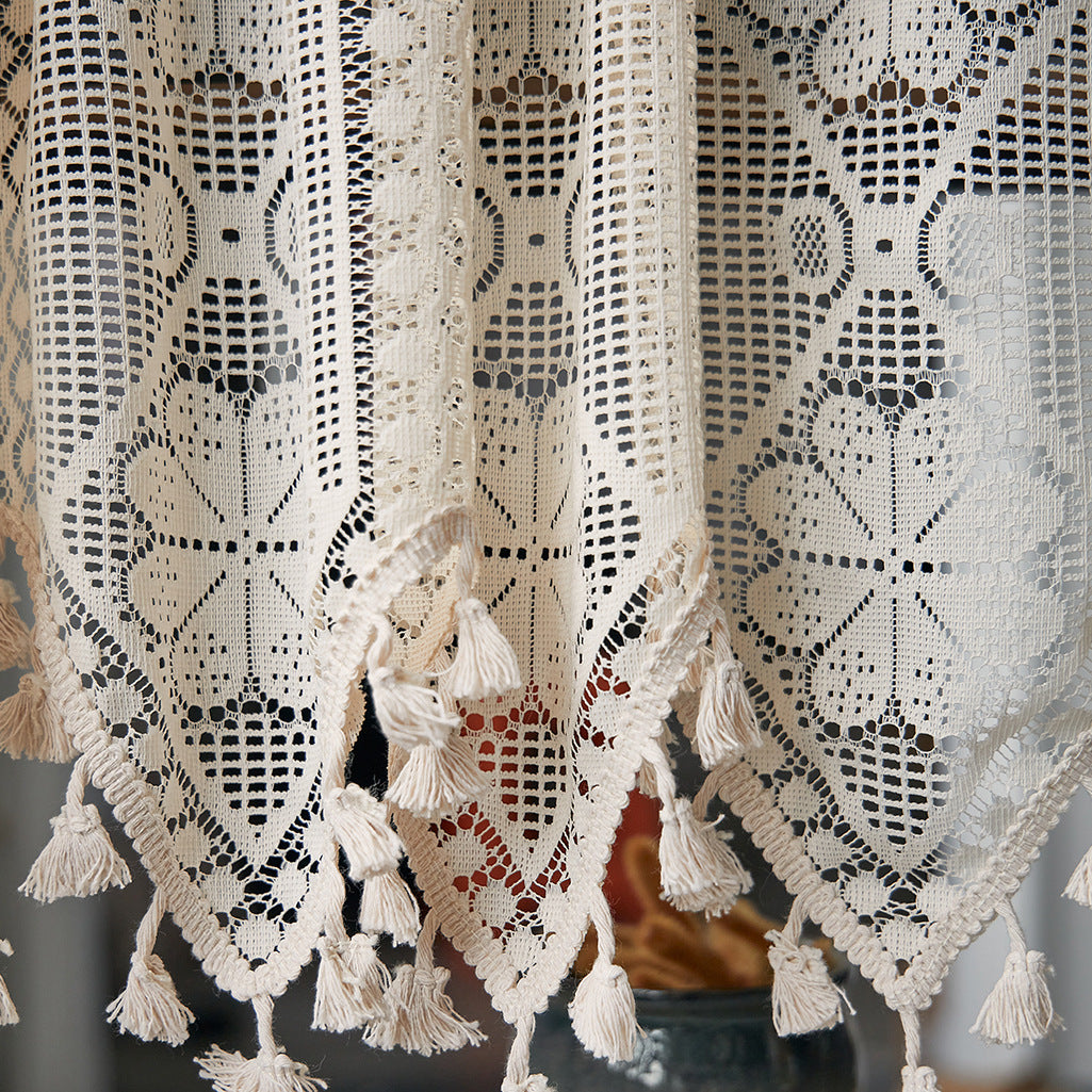 Vintage Bohemian Lace Half Curtain with Tassels – Geometric Floral Sheer Valance