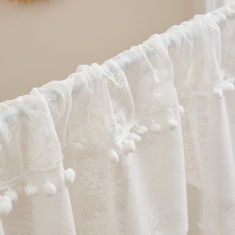 Vintage Lace Café Curtain with Pom Pom Trim – Sheer Short Window Valance