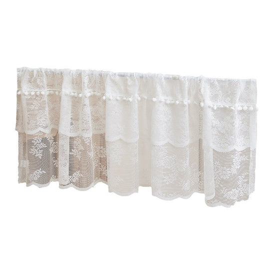 Vintage Lace Café Curtain with Pom Pom Trim – Sheer Short Window Valance