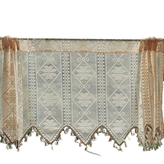 Vintage Bohemian Lace Half Curtain with Tassels – Geometric Floral Sheer Valance